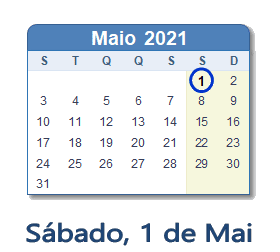 1 Maio 2021 calendario