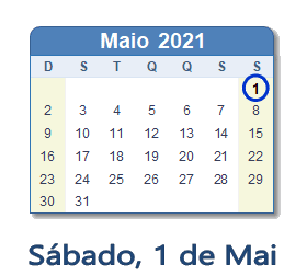 1 Maio 2021 calendario