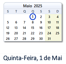 1 Maio 2025 calendario