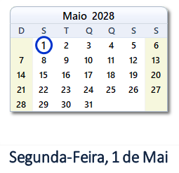1 Maio 2028 calendario