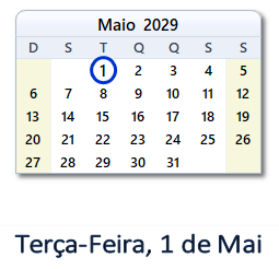 1 Maio 2029 calendario