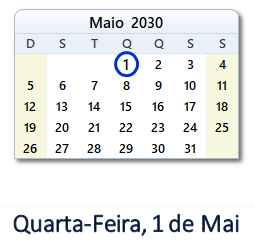 1 Maio 2030 calendario