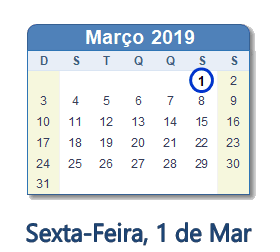 1 Março 2019 calendario