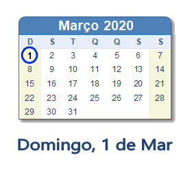1 Março 2020 calendario