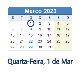 1 Março 2023 calendario