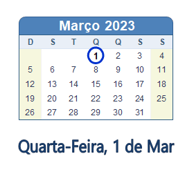 1 Março 2023 calendario