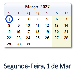 1 Março 2027 calendario