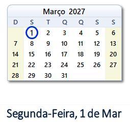 1 Março 2027 calendario