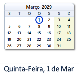 1 Março 2029 calendario