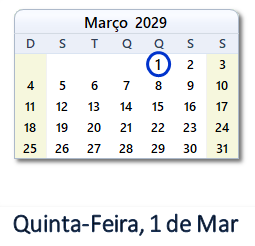 1 Março 2029 calendario