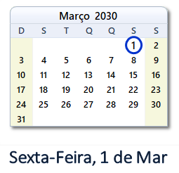 1 Março 2030 calendario