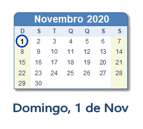 1 Novembro 2020 calendario