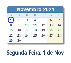 1 Novembro 2021 calendario