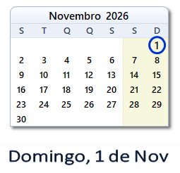 1 Novembro 2026 calendario