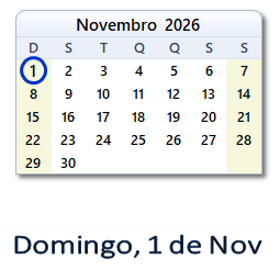 1 Novembro 2026 calendario