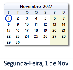 1 Novembro 2027 calendario