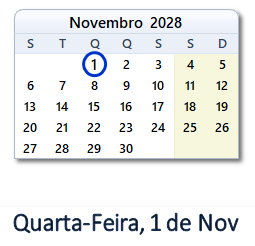 1 Novembro 2028 calendario