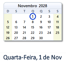 1 Novembro 2028 calendario