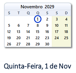 1 Novembro 2029 calendario