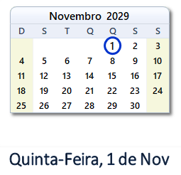 1 Novembro 2029 calendario