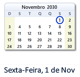 1 Novembro 2030 calendario
