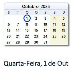 1 Outubro 2025 calendario