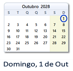 1 Outubro 2028 calendario