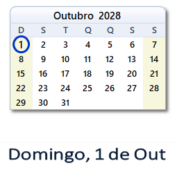 1 Outubro 2028 calendario