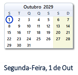 1 Outubro 2029 calendario
