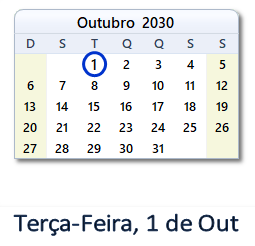 1 Outubro 2030 calendario