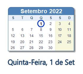 1 Setembro 2022 calendario