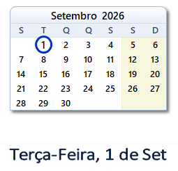1 Setembro 2026 calendario