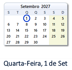 1 Setembro 2027 calendario