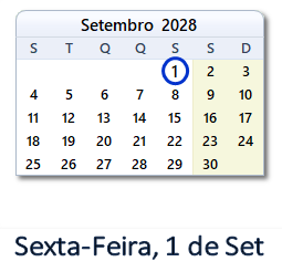 1 Setembro 2028 calendario