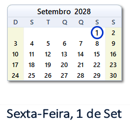 1 Setembro 2028 calendario