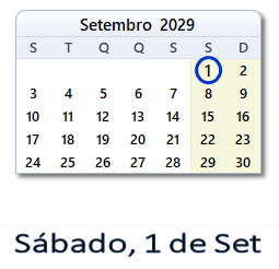 1 Setembro 2029 calendario