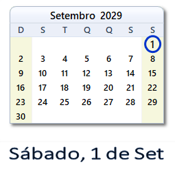 1 Setembro 2029 calendario