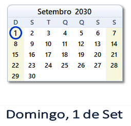 1 Setembro 2030 calendario