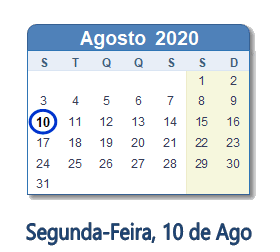 10 Agosto 2020 calendario