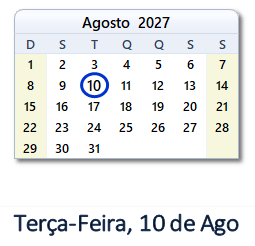 10 Agosto 2027 calendario