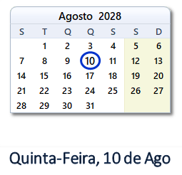 10 Agosto 2028 calendario