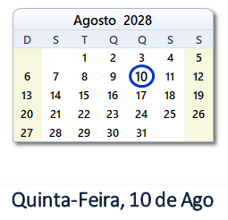 10 Agosto 2028 calendario