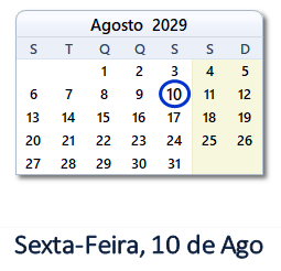10 Agosto 2029 calendario