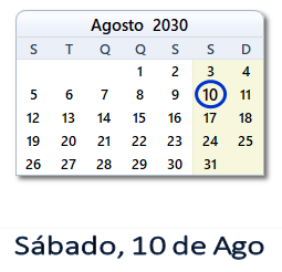 10 Agosto 2030 calendario
