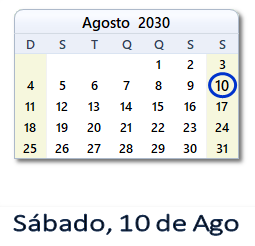 10 Agosto 2030 calendario