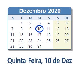 10 Dezembro 2020 calendario
