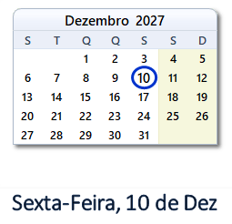 10 Dezembro 2027 calendario
