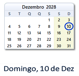 10 Dezembro 2028 calendario