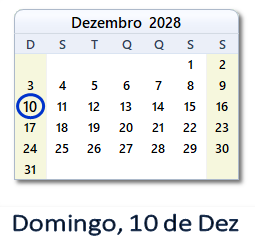 10 Dezembro 2028 calendario