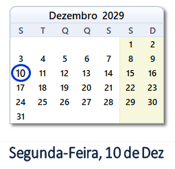 10 Dezembro 2029 calendario